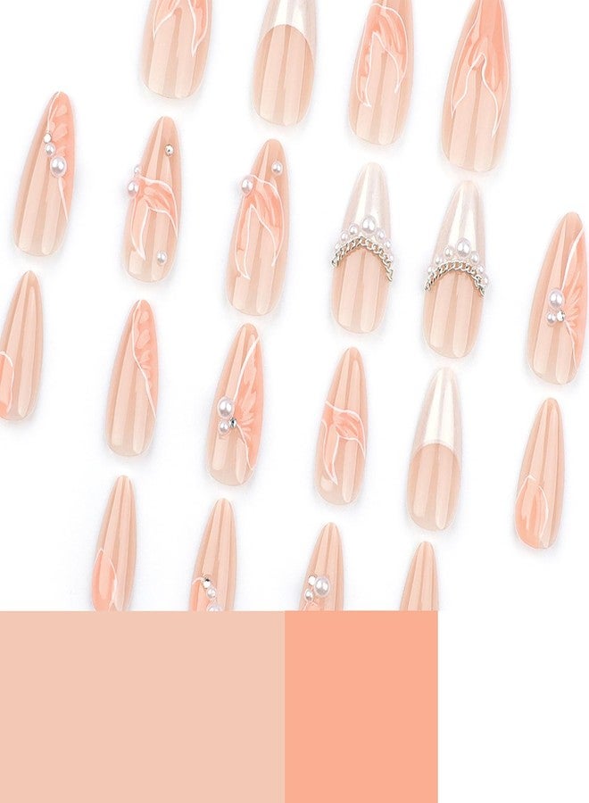 BSBTBZ 24Pcs Almond Press on Nails Medium Length 3D Fake Nails with Cute Mermaid Pearl Designs Charms Handmade Nail French Tip False Nails Press ons Summer Theme Stick on Nails for Women Manicure Decor - Image 4